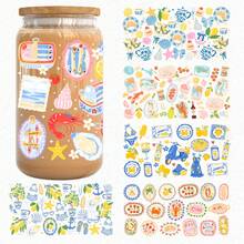 1/2/4pcs Coastal Nautical Style Summer Mediterranean UV DTF Cup Stickers, Suitable For 16oz Cups, Sardine Canned Fish Lemon Bow Italian Afternoon Tea UV DTF UVDTF Stickers, Suitable For Water Bottles, Tumblers, Mugs, Bookmarks, Laptops, Phone Cases, Holiday Gift For Girlfriend - Multicolor - View 2