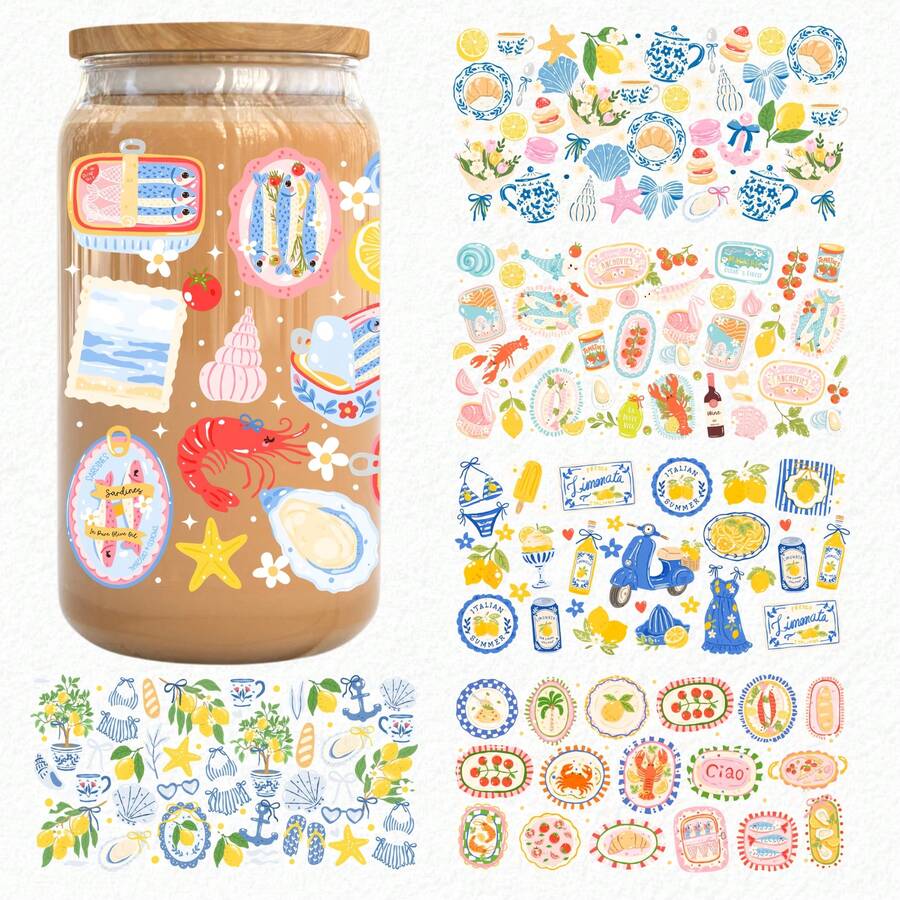 1/2/4pcs Coastal Nautical Style Summer Mediterranean UV DTF Cup Stickers, Suitable For 16oz Cups, Sardine Canned Fish Lemon Bow Italian Afternoon Tea UV DTF UVDTF Stickers, Suitable For Water Bottles, Tumblers, Mugs, Bookmarks, Laptops, Phone Cases, Holiday Gift For Girlfriend