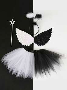 1 Set Costume d'Ange Noir et Blanc de Haute Qualité, Accessoires de Déguisement pour Fête de Vacances et Mascarade, Ensemble Polyvalent de Robe de Fée Magique avec Ailes, Tenue de Performance de Groupe sur Scène, Jupe TU, Couronne d'Ange, Ailes d'Ange Noir et Blanc, Jupe en Tulle, Ensemble 4 Pièces - Noir et Blanc - Voir 10
