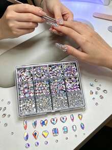 Best-Selling 12-Grid Flat Bottom Irregular Rhinestone Nail Art Decor, Iridescent Mixed Round Glass Rhinestones Nail Accessories - Baby Pink - View 3
