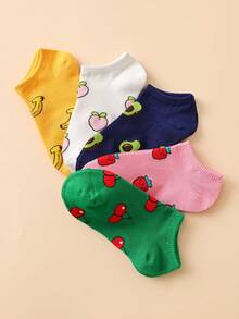 5 pares de calcetines cortos de mujer con estampado de fresa de frutas coloridos y lindos - Multicolor - Ver 3