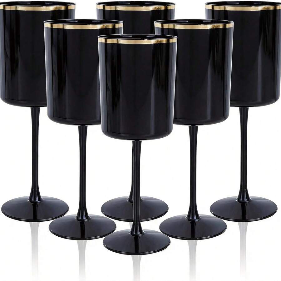 6/12pcs Plastic Wine Cups, 10oz Dual-Color Elegant Disposable Wine Cups With Stem, Reusable Hard Plastic Drinking Cups, Suitable For Parties, Weddings, Black And Transparent