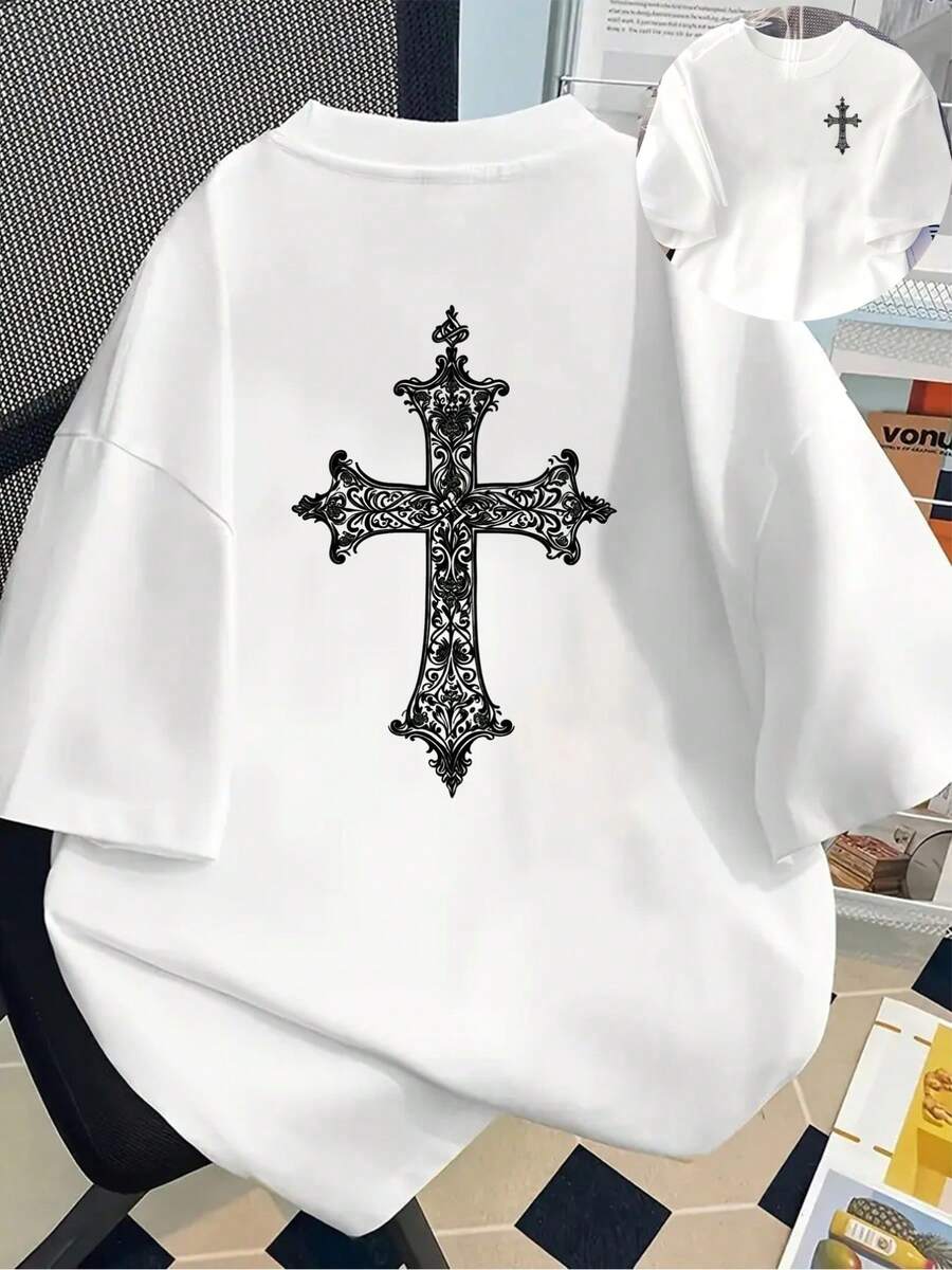 Front And Back Printed Short-Sleeve T-Shirt - Gorgeous Cross, Gothic Style - A Printed T-Shirt For Women In Spring And Summer, Your Best Choice - 白色 - 查看 1