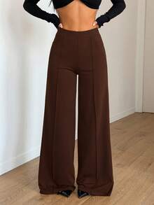 Women's Stretchy Thin Casual Pants, Versatile For Daily Wear, Commuting, Office, And Leisure Sports, Elastic Waist, Pockets, Wide Leg, Flattering Leg Shape, Suitable For Spring/Summer - Brown - View 4