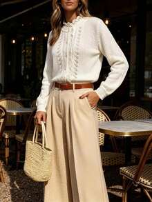Women's Elegant Lace Patchwork Collar Knitted Cardigan, Suitable For Daily Commute, Casual And Holiday Wear, Autumn/Winter - Cream - View 3