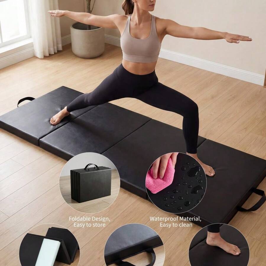 Extra dicke, faltbare Gymnastik- und Yogamatte, 183 x 91 cm, 4-teilige, tragbare Trainingsmatte für Heim-Fitnessstudio, Pilates, Akrobatik, Cardio, Kampfsport, leicht zu verstauen, Tragegriffe - Schwarz - Übersicht 1