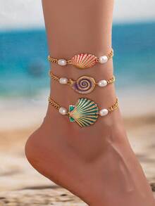 3pcs/Set Ocean Series Dopamine Oil Drop Shell Anklet Set For Women Casual Beach Wear - Multicolor - View 1