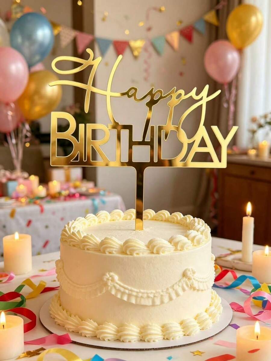 3件組 Happy Birthday 金色蛋糕插牌，金色亮片蛋糕裝飾，週年主題派對蛋糕裝飾用品