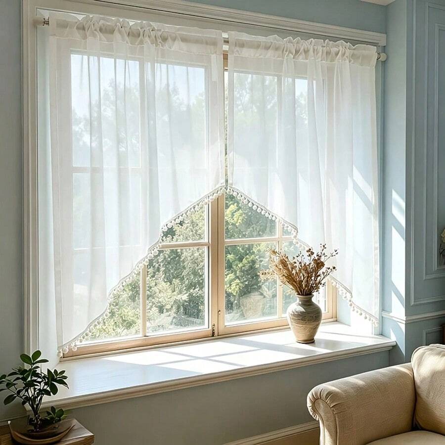 2pcs Solid Color Sheer Semi-Transparent Curtains, White Sheer Small Curtains, Fashionable Pom Pom Decor Curtains, Suitable For Cafe Decor, Living Room, Bedroom, Balcony, Room Divider, Small Window, Entryway Decor - White - View 1
