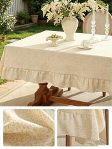 1pc Tablecloth With Scalloped Lace Trim, Polyester Fabric, Pale Yellow Floral Pattern, Rectangular/Square Tablecloth, Suitable For Dining Room And Living Room Table Decor - Light Yellow - View 5