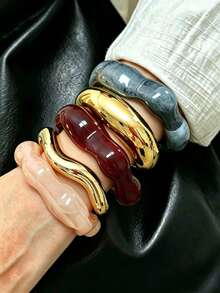 5pcs Vintage Elegant Women's Gold Metal ABS Bangle Set, Casual Asymmetrical Floral Open Acrylic BOHO Bangle Wave Pattern Classic CCB Bangle Set, Suitable For Daily Wear, Outings, Dates, Vacations, Parties, Fashionable Layering Combination - Style 1 - View 1