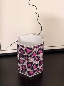 1pc Rhinestone Leopard Print Hexagonal Makeup Brush Holder, Large Capacity, Surface Embedded With Colorful Rhinestones, Luxurious Sparkling Style, Full Rhinestone Pattern, Hexagonal Column Shape, Neat Edge Details, Makeup Tool Container, Suitable For Bedroom Vanity, Makeup Room Desktop And Other Scenes - Multicolor - View 5