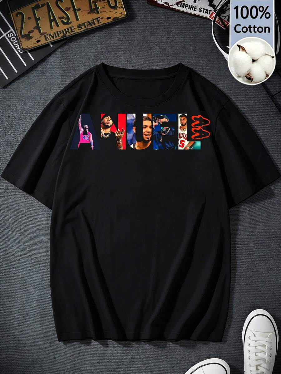 Women's Retro Graphic T-Shirt 100% Cotton Anuel AAs Letter Fill Portrait Bulls Jersey Y2K Latin Trap Basketball Collab Fan Merch Tour Casual Streetwear Gift Short Sleeve Top - Black - View 1