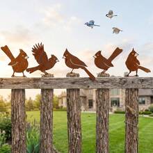 5pcs Vintage Distressed Metal Bird Decor, Outdoor Fence Cardinal Shaped Garden Yard Ornament - Rusty Bird Five-piece Set - View 4