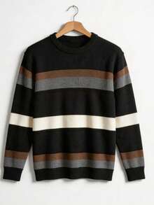 Men's Knitted Sweater, Round Neck, Long Sleeves, Premium Wool, Basic And Comfortable Winter Clothing - 黑色條紋 - 查看 2