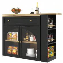 Extendable Bar Table With Storage (138-204*39*104cm), 360° Swivel Bar, Modern Mobile Bar Table, High Kitchen/Bistro Island Table, Sideboard With Shelves And Glass Doors, Black - Black - View 8