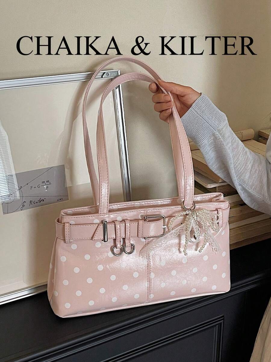CHAIKA & KILTER 1件裝純色PU面料女款時尚肩背包腋下包HOBO包 全身波點圖案肩帶裝飾 拉鍊開合 雙手把設計 適合日常購物（附吊飾）
