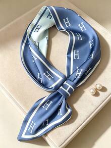 Moemton Neutral Blue H Logo Silk Scarf, Minimalist Border Neck Scarf, Understated Scandinavian Style Accessory - Blue - View 6