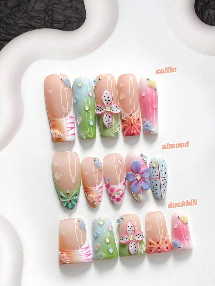 10pcs Summer Handmade Press-On Nails, Polygel Nail Art Set, 3D Carved, Striped, Water Drop, Polka Dot, Green Blue Pink Nail Polish, Vacation Style, Includes Nail Tools, 3 Sizes Available, Almond, Duck, Coffin Shape, Suitable For Party, Dancing, Daily Wear - 彩色 - 查看 1