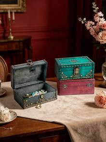1 pieza Caja de almacenamiento de escritorio vintage de madera, joyero, accesorio, cofre del tesoro decorativo - Multicolor - Ver 4