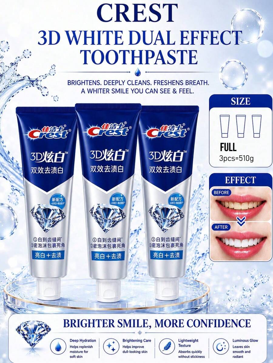 CREST Gleam White Dual-Action Toothpaste 170g, 3pcs Lime Fresh Scent, Stain Removal & Whitening, Deep Cleaning, Long-Lasting Freshness, Daily Oral Care - 3D炫白雙效去漬白牙膏* - 查看 1