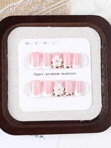 10pcs Short Square Press-On Nails, Pink Nude White French Ombre Leopard Print With 3D White Flower And Gold Stud Decor, Reusable Full Coverage Fake Nails, Suitable For Women Girls Daily Date Party Wedding Manicure Handmade Press On Nails - Multicolor - View 3