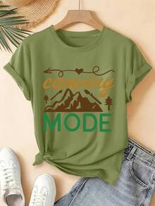 Women's Plus Size Casual-Shirt With Outdoor Camping Bonfire Camping MODE Print, Suitable Spring, Summer, And Autumn, Round Neck, Short Sleeve, - 黑色 - 查看 10