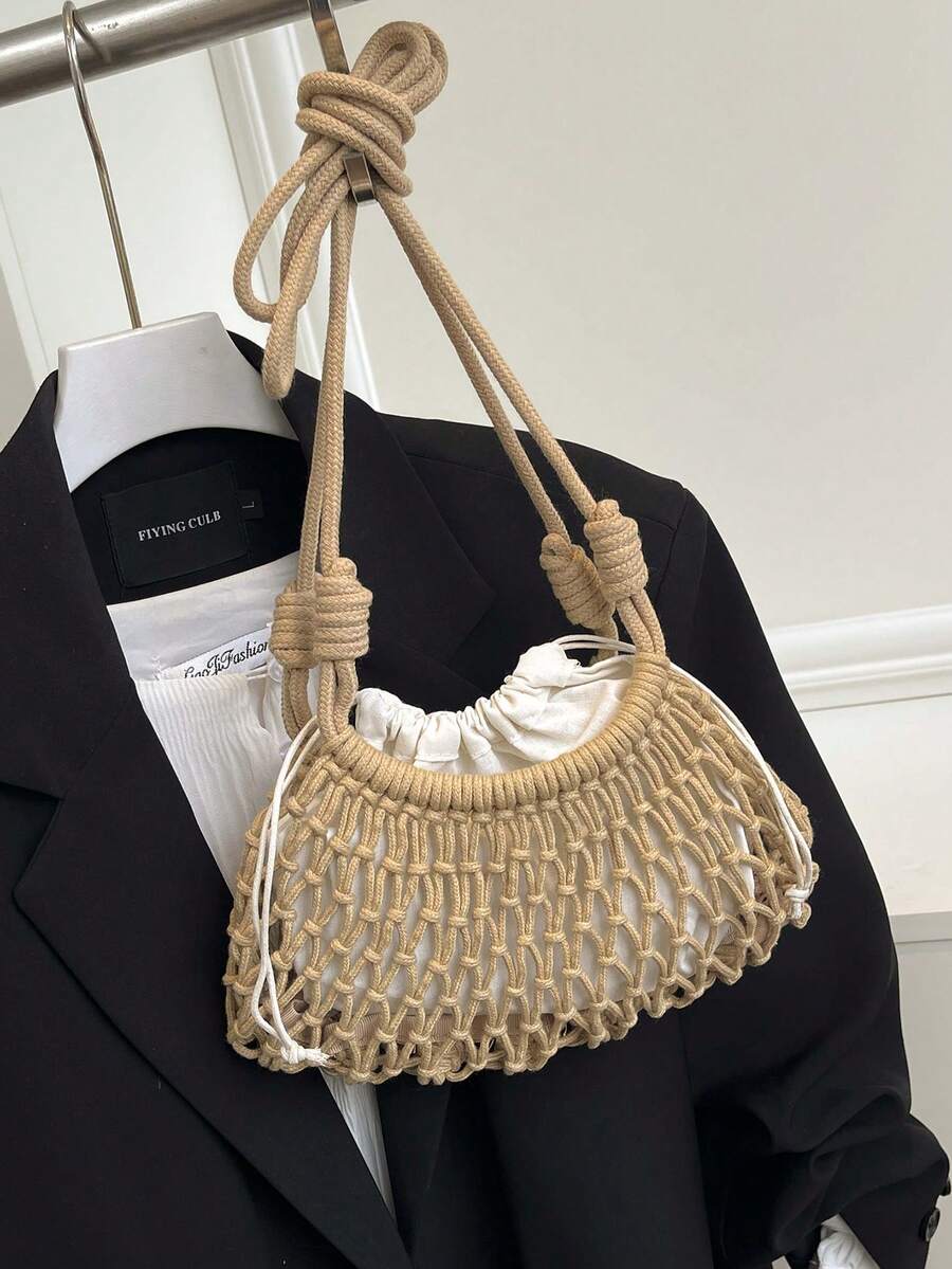 New Minimalist Woven Handmade Women's Beach Bag - Khaki - View 1