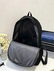 Balo đeo vai thường ngày phong cách tối giản màu đen trơn, chất liệu nylon nhẹ, nhiều ngăn, túi đi học cho học sinh, unisex, phù hợp sử dụng hàng ngày - màu đen - Xem 5