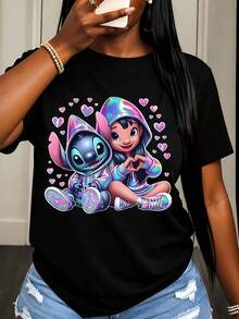 Disney Stitch And Lilo Rainbow Heart Print T Shirt Women Casual Summer Fashion Cute Cartoon Design For Daily Wear And Outings - 黑色 - 查看 1