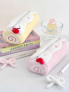 1pc Cute Swiss Roll Plush Pencil Case, Large Capacity, High Quality Student Stationery Storage Bag, Back To School Essential, Cut, First Day Of School - Multicolor - View 10