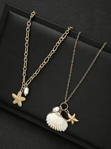 2pcs Beach Vacation Style Fashion Casual Bohemian Starfish Shell Faux Pearl Pendant Multi-Layer Stacked Necklace Set For Women, Daily Wear, Date, Party, Vacation, Travel, Gift For Girlfriend And Mom - Yellow Gold - View 3