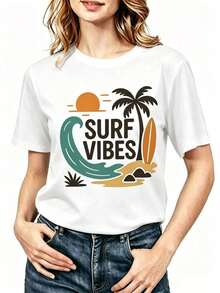 Crew Neck T-Shirt With Beach And Palm Tree Graphic "Surf Vibes" - White - View 1