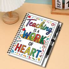 1 Set Back To School/Work & Study Essential! Exquisite 2D Cover Spiral Coil Notebook With Pen, Cover Printed With "Teaching Is A Work Of Heart", Filled With Educational Sentiment. Suitable For Diaries, Daily Planning, Notes, Etc., Graduation Gift, Birthday Gift Choice, 100 Pages To Meet Diverse Writing Needs. - R - View 5