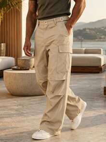 HEYKESON Big & Tall Mens Wide Leg Cargo Pants Adjustable Waist Multi Pocket Loose Fit Casual Work Trousers - Khaki - View 5