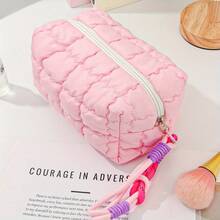 Quilted Toiletry Bag In Macaron Tones, With Woven Handle. Foldable, Spacious, Durable Polyester. - 紅色 - 查看 11