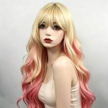 女性長款 Cosplay 假髮－粉金多色動漫角色扮演髮，耐熱易造型，附髮帽，適合日常配戴與漫展 - 彩色 - 查看 3