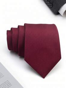1pc Fine Twill Burgundy Tie For Men, Formal Dress, Daily Commute, Minimalist Solid Color - Burgundy - View 1