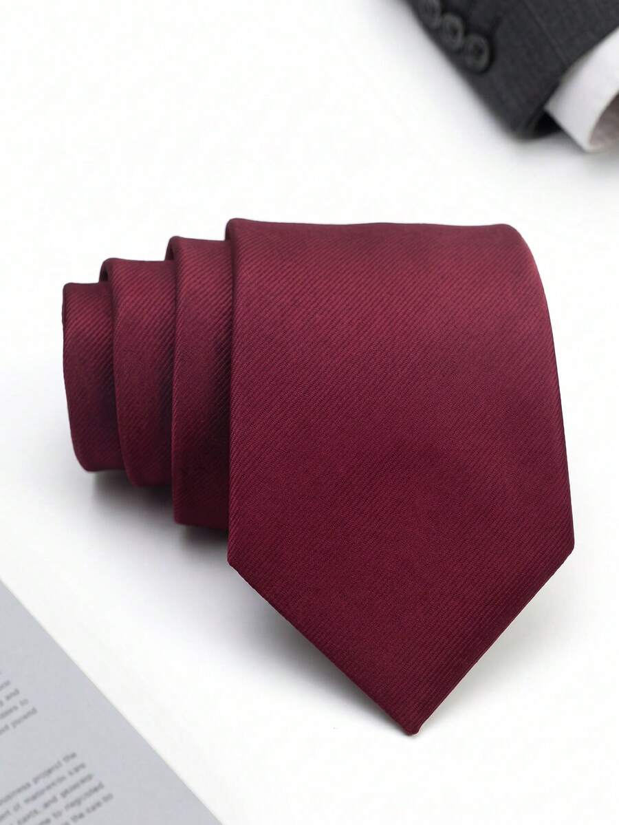 1pc Fine Twill Burgundy Tie For Men, Formal Dress, Daily Commute, Minimalist Solid Color - Burgundy - View 1