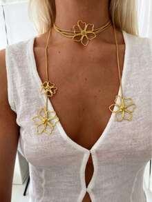 Long Metal Texture High-End European & American Style Floral Pendant, Minimalist Elegant Design, Multi-Way Wear Long Necklace - Flowers - View 3