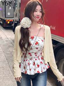 [Y6Y]1pc Women's Open Front Long Sleeve Knit Cropped Cardigan, High Elasticity Lightweight, Suitable For Layering With Camisole - Apricot - View 4
