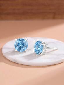 White Gold Plated S925 Silver Blue CZ Stud Earrings, Classic Solitaire Hypoallergenic Accessories With Gift Box For Women - Blue - View 3