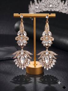 1 par de pendientes de novia largos con colgante exagerado de lujo totalmente de strass, joyería de oreja versátil de strass para fiesta de noche y vestido de boda - Multicolor - Ver 11