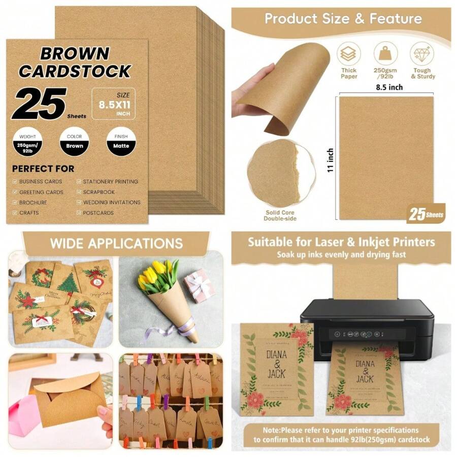 25 Sheets Brown Cardstock 8.5 X 11, 92lb/250gsm Kraft Card Stock Paper, Heavy Cardstock Printer Paper For Invitations, Scrapbooking, Crafts, DIY Cards - 1 - View 1
