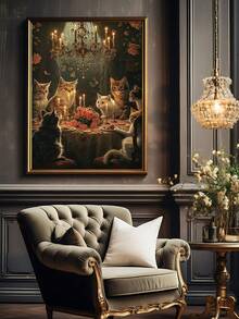 1pc Gothic Black Cat Dinner Party Art, Dark Academia Cat Moody Victorian Animal Painting, Ideal Gift,Suitable For Bedroom,Living Room,Kitchen,Wall Arts,Wall Decor,Home Decor,Room Decor,Canvas Wall Art,Posters, Wall Art With Frame, Optional Frame - 1PCS - View 2