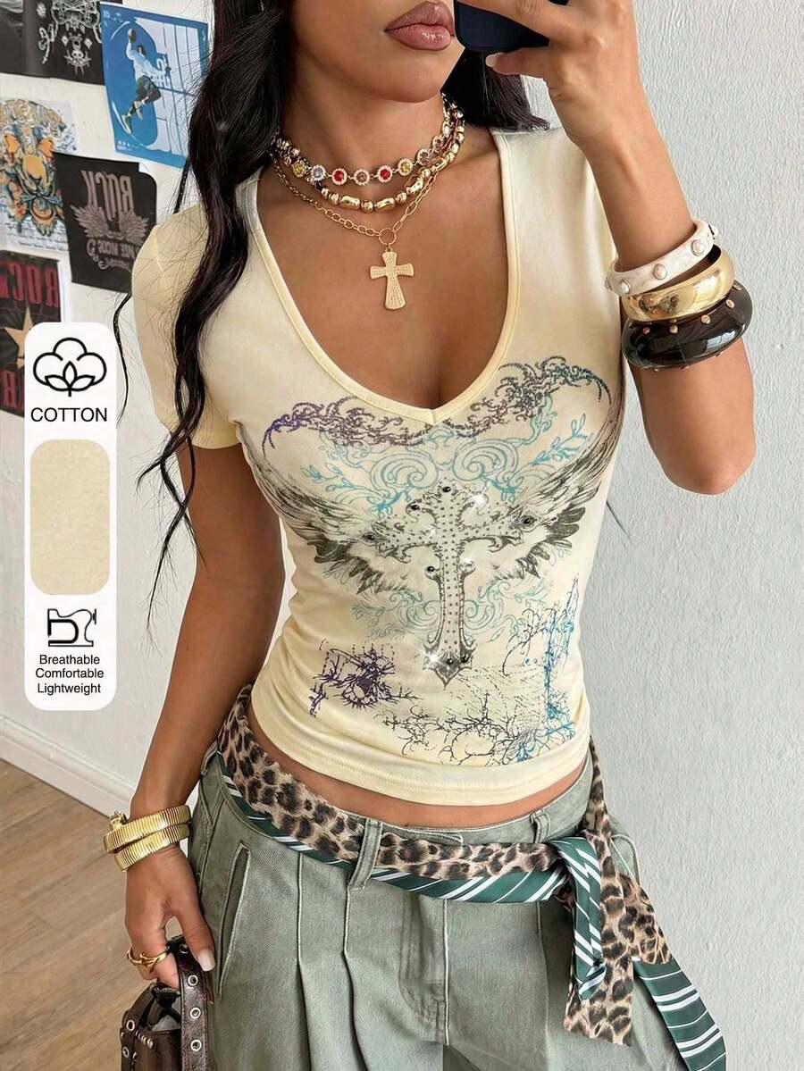 Women's Casual Printed T-Shirt, Short Sleeve And Round Neck, Local Urban Fashion Spring/Summer. Women's Blouses, Women's T-Shirts. 180g (S-XXXL) - 杏色 - 查看 1