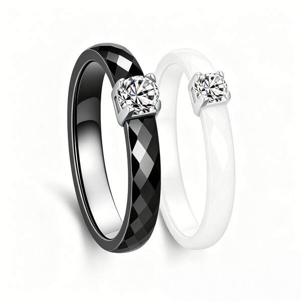 Pinannie Cincin Moissanite Stainless Steel Hitam Putih 3mm untuk Wanita, Cincin Kawin Keramik yang Dapat Ditumpuk, Cincin Pertunangan/Janji, Perhiasan Hadiah untuknya, Ukuran AS 5-12