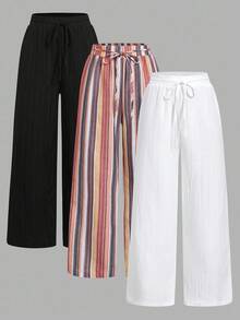 Set Of 3 High-Waisted Loose Straight-Leg Trousers With Drawstring And Pockets, Solid Color And Versatile, Suitable For Spring/Summer - Brown - View 1