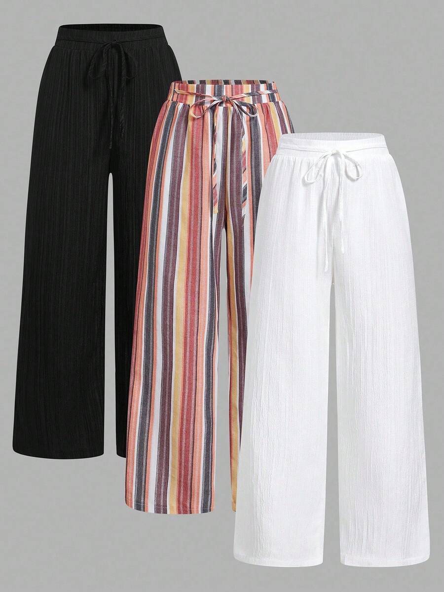 Set Of 3 High-Waisted Loose Straight-Leg Trousers With Drawstring And Pockets, Solid Color And Versatile, Suitable For Spring/Summer - Brown - View 1