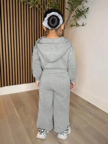 Tween Girl Fashion Cartoon Pattern Cropped Zip-Up Hoodie And Pants - Grey - View 3